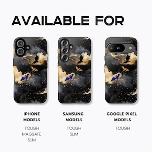 May include: Phone cases with a fantasy theme. The cases feature a dark background with gold clouds, dragons, and stars. The text "AVAILABLE FOR" is at the top. The cases are available for iPhone, Samsung, and Google Pixel models. The iPhone case is MagSafe and slim.