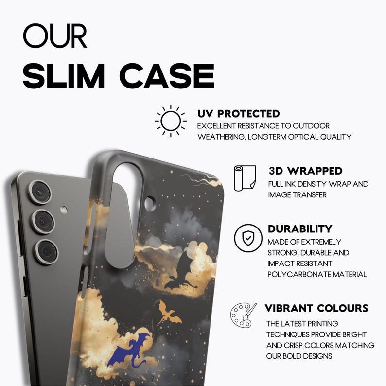 May include: A slim phone case with a black and gold design featuring silhouettes of dragons and clouds. The case is made of durable polycarbonate material and has the text "OUR SLIM CASE".