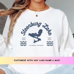 Benutzerdefinierte Lake Map Langarmshirt, personalisierte Lakehouse Crewneck, Geschenk für Cottage oder Seeliebhaber, Lake Life Shirt, Lake Art Sommerkleidung