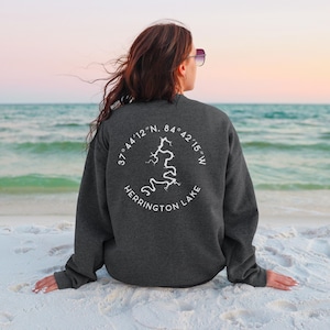 Benutzerdefinierte See Karte Sweatshirt, personalisierte Koordinaten See Name Rundhalsausschnitt, benutzerdefinierte See Haus Familie Hoodie, See Leben Bekleidung See Haus Geschenke