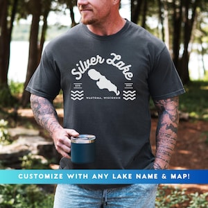 Benutzerdefinierte See Karte TShirt, personalisierte Lakehouse Shirt, Geschenk für Cottage oder See-Liebhaber, See Leben Shirt, See Kunst Sommerkleidung