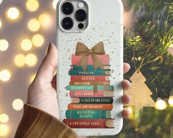 Personalized Holiday Book Stack Phone Case: Custom Christmas Bow Bookshelf Cover for iPhone, Samsung and Google Pixel