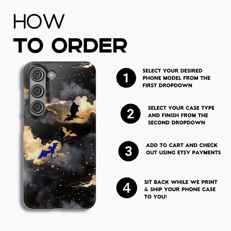 May include: A black phone case with a dragon design, gold clouds, and the text "HOW TO ORDER". Instructions include selecting a phone model, case type, adding to cart, and payment.