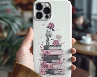 Dark Romance Book Phone Case: Gothic Floral Skeleton Hand Cover