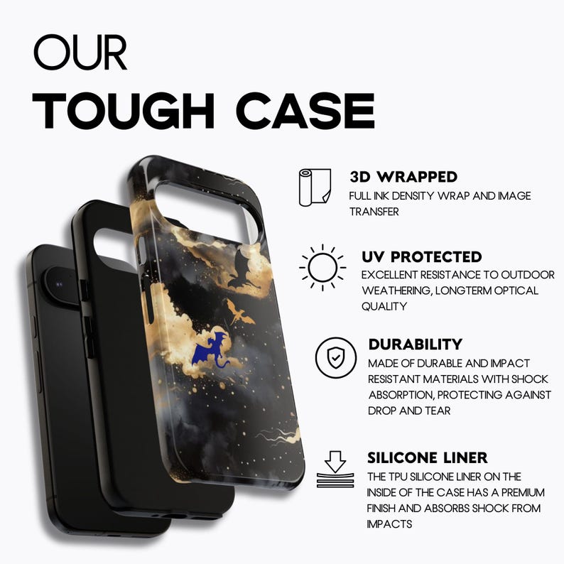 May include: Three phone cases are displayed, showcasing a tough case design. The featured case has a black and gold design with a dragon graphic. The image highlights features like 3D wrapping, UV protection, durability, and a silicone liner.