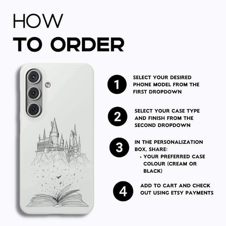 May include: A white phone case with a black and white illustration of a castle and an open book. The text "HOW TO ORDER" is at the top, with numbered steps detailing the ordering process, including color options of cream or black.