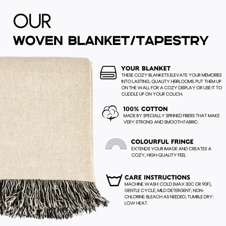 May include: A woven blanket or tapestry with a cream-colored body and a black and cream fringe. The text on the image reads "Our Woven Blanket/Tapestry". The blanket is made of 100% cotton and has colorful fringe.