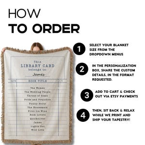 May include: A beige throw blanket with a library card design. The blanket features a list of book titles and the name "James" in the "belongs to" section. The text "How to Order" is at the top, with numbered steps for ordering.