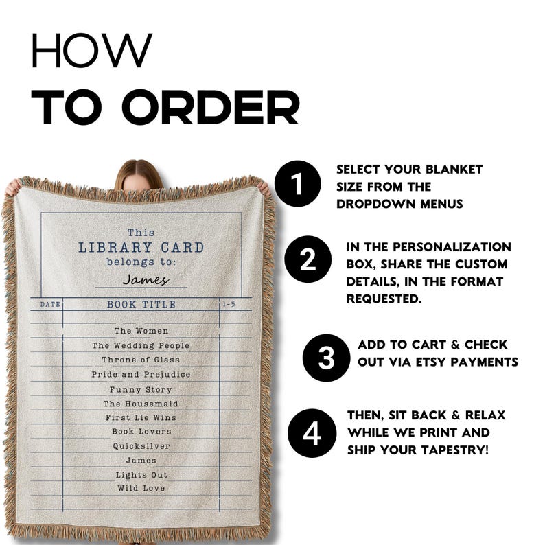 May include: A beige throw blanket with a library card design. The blanket features a list of book titles and the name "James" in the "belongs to" section. The text "How to Order" is at the top, with numbered steps for ordering.