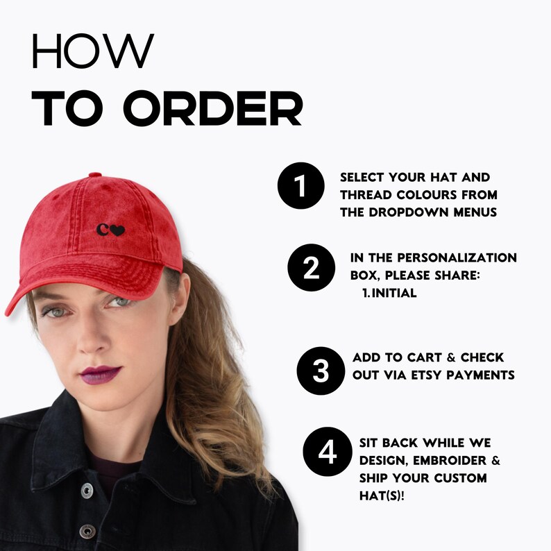 May include: How to order a custom embroidered hat. Select your hat and thread colours from the dropdown menus. In the personalisation box, please share your initial. Add to cart and check out via Etsy payments. Sit back while we design, embroider, and ship your custom hat(s).
