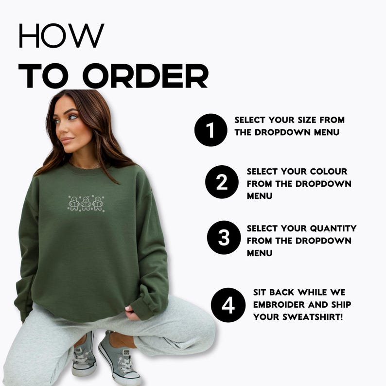 Pode incluir: Um moletom verde-oliva com um design bordado branco. A imagem inclui instru&ccedil;&otilde;es sobre como encomendar, com etapas para selecionar o tamanho, a cor e a quantidade. O texto tamb&eacute;m menciona que o item ser&aacute; bordado e enviado.
