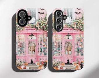 Whimsical Bookish Halloween Phone Case: Spooky Bookstore, Black Cat
