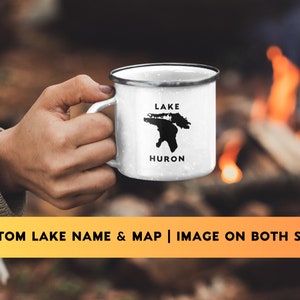 Tazza da campeggio smaltata con mappa del lago personalizzata, tazza da caffè da campeggio da 12 once, tazza da campeggio personalizzata, tazza da falò, tazza da caffè smaltata, tazza personalizzata