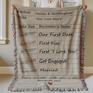 Custom Library Card Love Story Woven Blanket, Personalized Cotton 2nd Anniversary Gift or Wedding Gift, Romantic Relationship Gift for Her