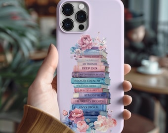 Custom Book Stack Phone Case: Watercolor Floral Bookshelf Design
