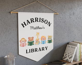 Personalized Kids Library Pennant: Watercolor Zoo Animal Reading Nook Decor