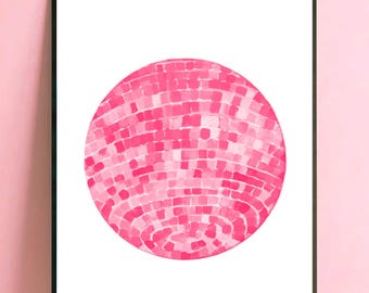 Pink Disco Ball Art Print, Wall Art Poster, Glam Disco Ball, Handpainted Art, Trendy, Girly Art, Apartment Art, Digital PRINTABLE