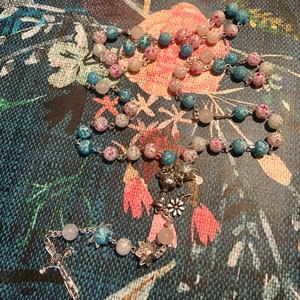 Five Decades Rosary - Handmade Blue, Pink, White Glass Bead Catholic Rosary