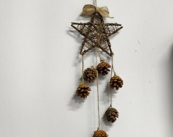 Rattan Star Pinecone Wall Hanging, Rustic Boho Decor & Parrot Cage Accessory