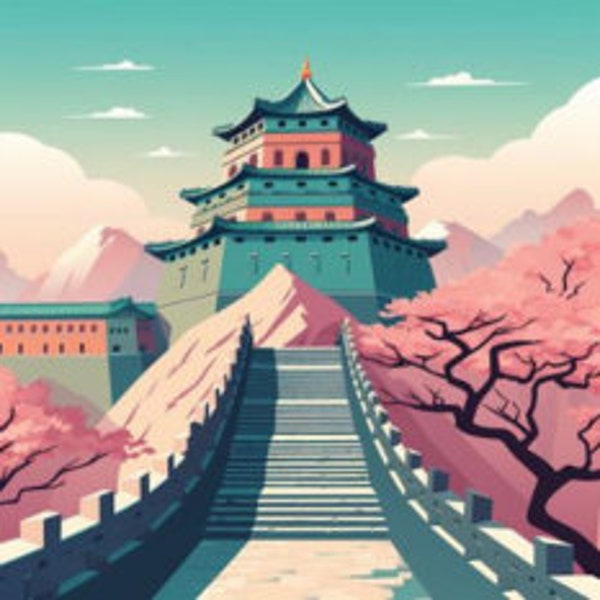 Modern Wall Decor- Captivating Vintage Minimalist Art Print Showcasing the Great Wall of China, Cultural Heritage in Turquoise and Pink Hues