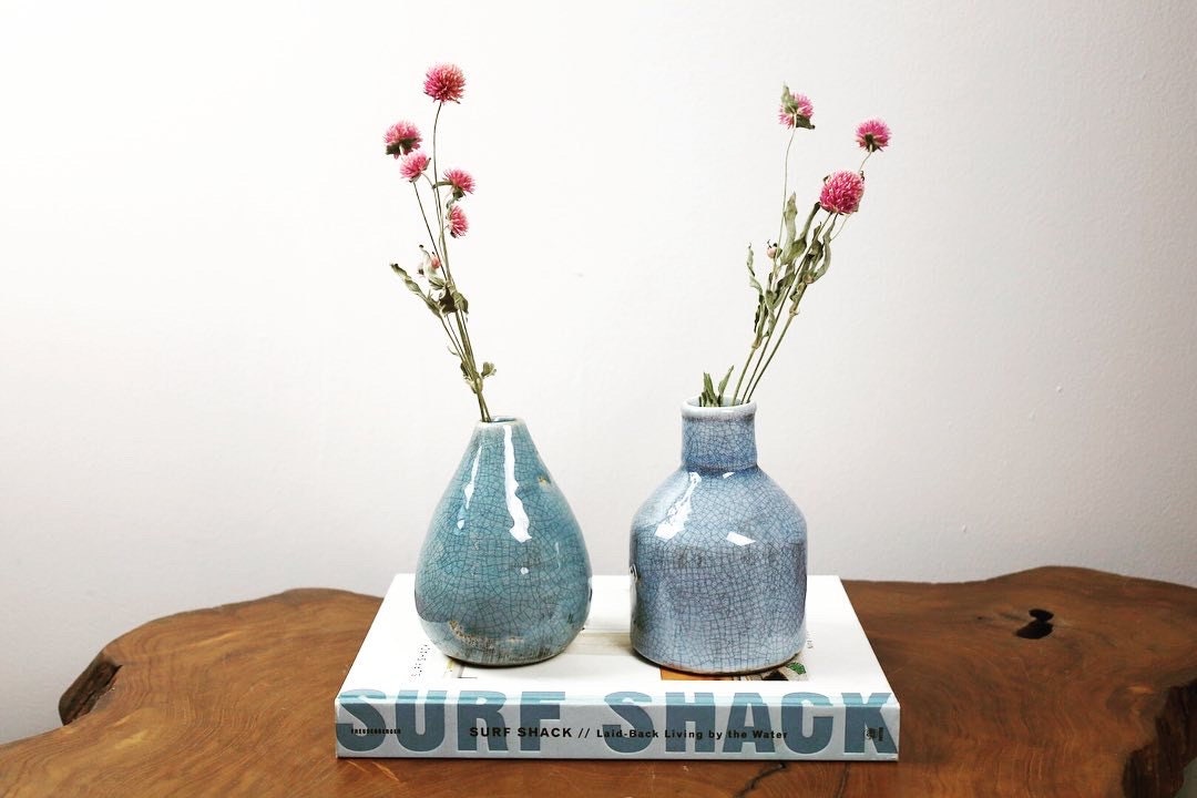 Vintage Dusty Blue Crackle Glaze Bud Vases Etsy