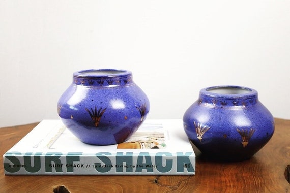 Vintage Ecco Terra Medieval Blue Porcelain Planters With Gold Accents Etsy Australia