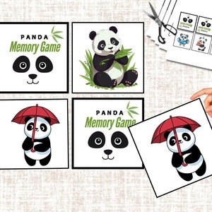 Op de afbeelding: Een panda memory game met 8 kaarten met panda's in verschillende poses. De kaarten zijn gedrukt op wit karton en hebben een zwarte rand. Het spel heet "Panda Memory Game".