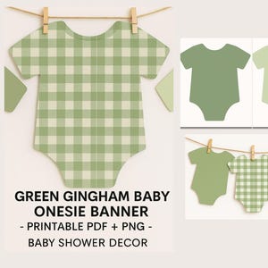 Green Gingham Baby Onesie Banner – Printable Baby Shower Decor – Sage & Olive Onesie Cutouts – Gender Neutral Party Sign – PDF + PNG