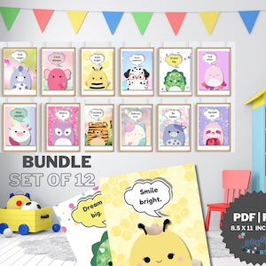 Paquete de pósteres con citas de SquishMallows: descarga instantánea, juego de 12, decoración de habitaciones infantiles, impresiones de cumpleaños para niñas, imprimibles en formato PDF y PNG