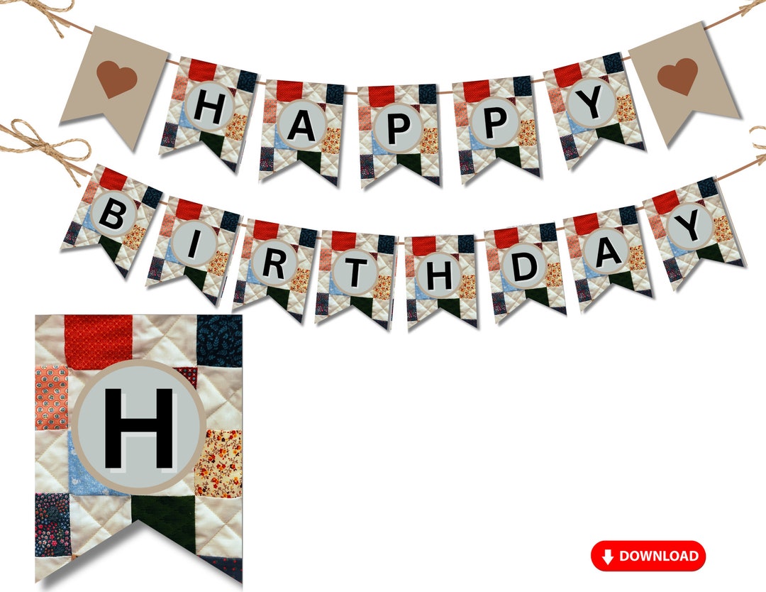 Quilted Fabric HAPPY BIRTHDAY Banner Flags With Hearts Printable