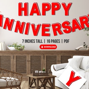 Romantic Bliss Happy Anniversary Letter Banner Garland - Descarga instantánea imprimible - Rojo intenso, Rosa suave, Borgoña oscuro - 7 pulgadas