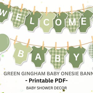 Welcome Baby Green Gingham Banner – Printable Sage & Olive Onesie Banner – Baby Shower Décor – Gender Neutral Party – Instant PDF Download