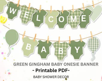 Welkom banner baby groen pastel – afdrukbare banner rompertje salie en olijfgroen – decoratie babyshower – genderneutraal feest – directe pdf-download