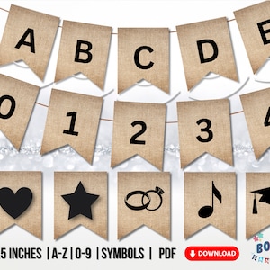 Bandeiras rústicas do alfabeto de serapilheira: conjunto de letras, pontuações e símbolos para impressão para banners DIY | Aniversário, casamento, chá de bebê, boas-vindas