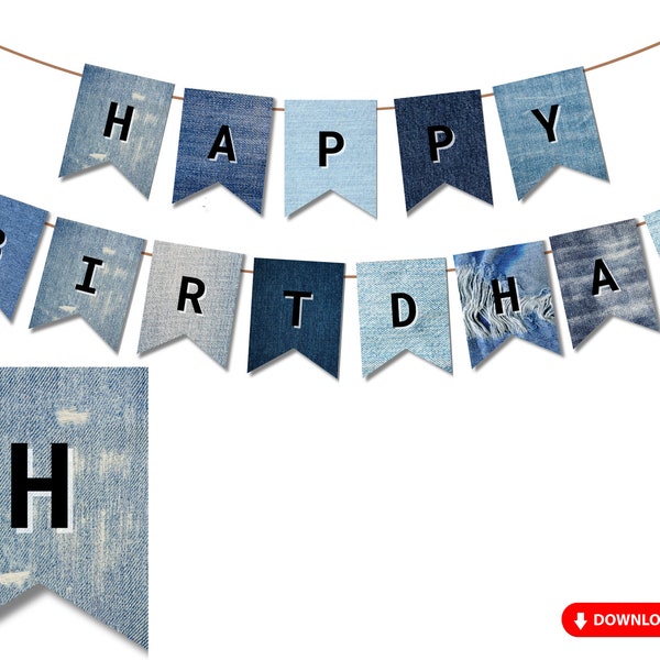 Rustic Theme Mixed Denim Fabric Happy Birthday Banner - Printable Instant Download
