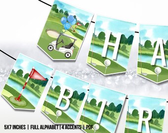 May include: A golf-themed birthday banner with watercolor illustrations of a golf course, golf cart, golf balls, and flags. The banner spells out "Happy Birthday" in white letters.