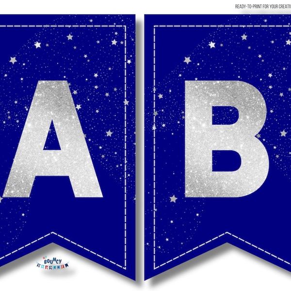 Silver Glitter on Navy Blue Background Party Bunting Banner Alphabet and Numbers - Printable Digital Download | Stitched | Star Confetti