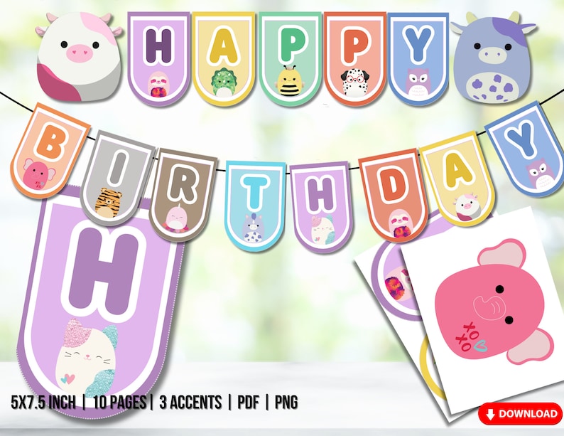 May include: A printable banner with colorful flags that say "HAPPY BIRTHDAY" with cute animal illustrations. The banner is 5x7.5 inches and includes 10 pages and 3 accents.
