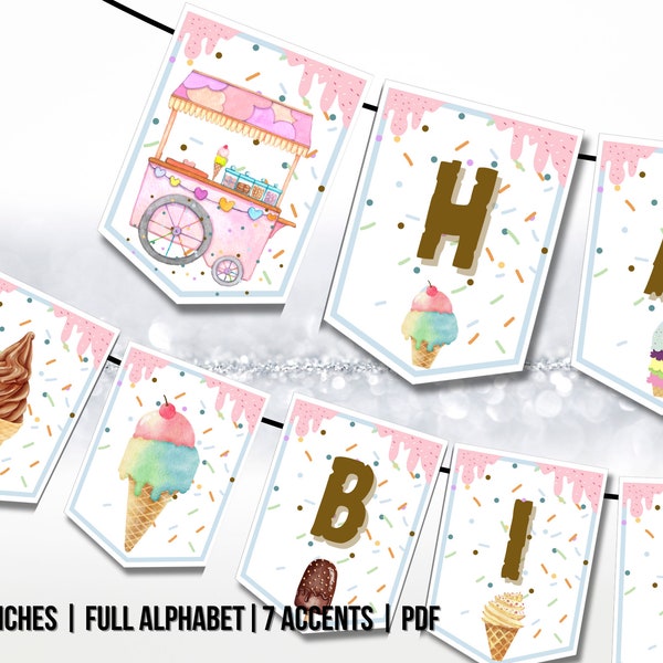 Ice Cream Shop Theme Happy Birthday Banner | Pink Ice Cream Birthday Banner Ice Cream Party Girl Birthday Decorations PRINTABLE