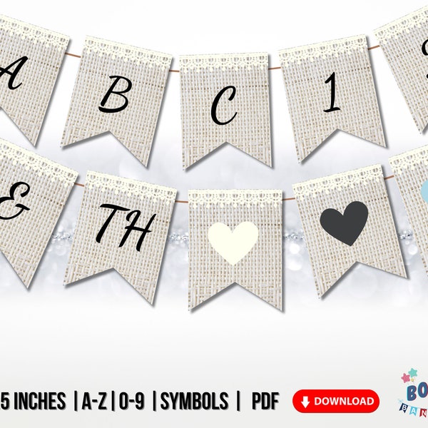 Rustic White Lace Burlap Alphabet Banner | Printable Instant Download |Numbers & Colorful Heart Set | Wedding, Birthdays, Baby Shower Decor