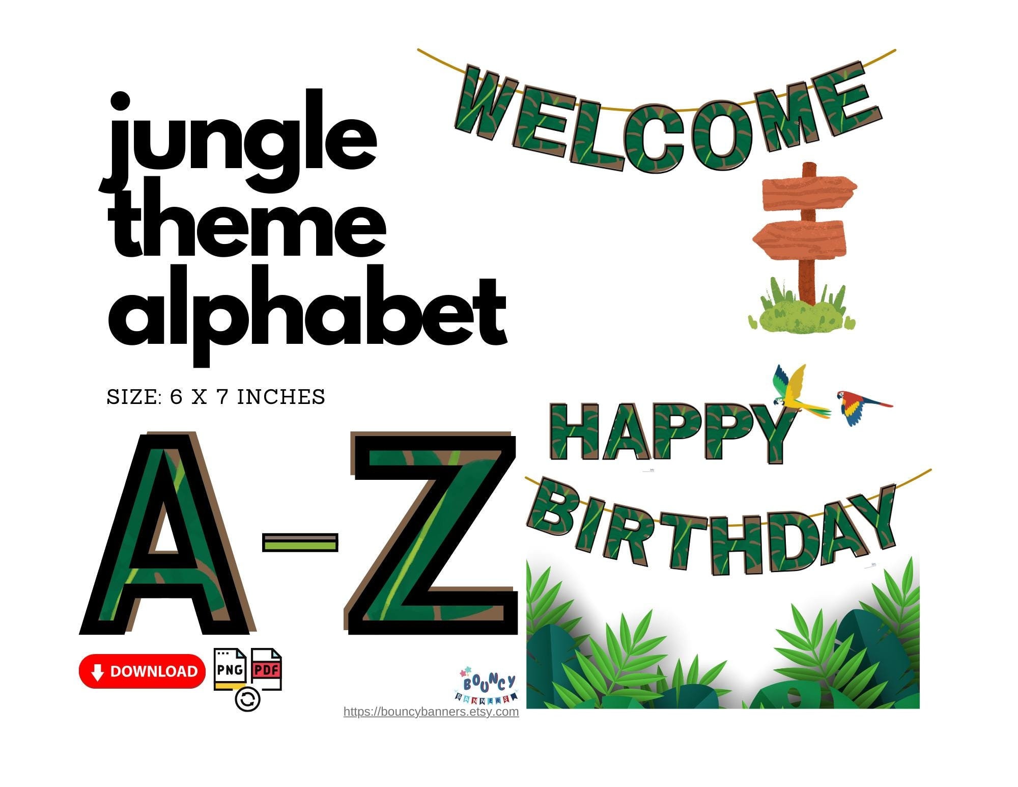 Jungle Safari Alphabet Letters A-Z Monstera Leaf Printable Banner ...