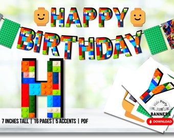 May include: A printable banner for a birthday party, featuring the words "Happy Birthday" in colorful Lego brick designs. The banner includes a Lego figure head on each end and comes with 16 pages, 5 accents, and is 7 inches tall.