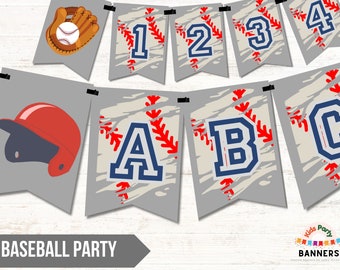 May include: Baseball party banner with red and white baseball stitching and blue letters. The letters spell out 1, 2, 3, 4, A, B, C, and G.