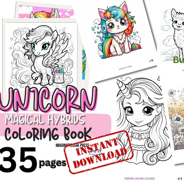 Unicorn Hybrid Coloring Pages for Unicorn Theme Party, 35 Pages, PDF, 8.5x11 | Activities for Kids Worksheet