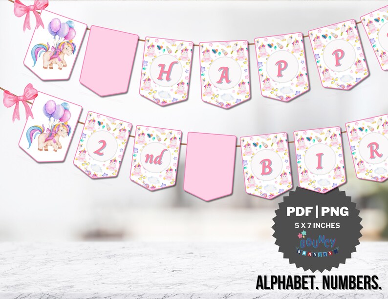 Magical Unicorn Theme Happy Birthday Banner Printable Digital Download 5x7 Inches PDF PNG Files ...
