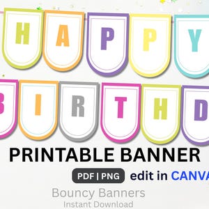 Puede incluir: Una colorida pancarta de "Feliz Cumpleaños" con banderines individuales en varios colores pastel. La pancarta incluye el texto "PRINTABLE BANNER" y "PDF | PNG edit in CANVA". Ideal para cumpleaños.