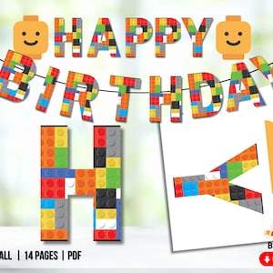 Bouwsteen Lego verjaardag banner, banner viering baksteen, baksteen partij, bouwsteen partij decor, baksteen speelkamer decor afdrukbare