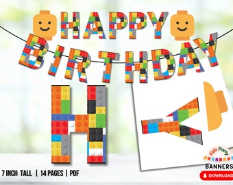 May include: A printable banner for a birthday party, featuring the words "Happy Birthday" in colorful letters made to look like Lego bricks. The banner includes two Lego minifigures and a separate printable sheet with a Lego brick letter Y.