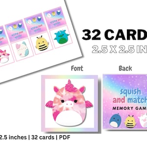 Tarjetas de juego de memoria para aplastar y combinar Squishmallows: ideas para fiestas de cumpleaños: descarga instantánea e imprimible