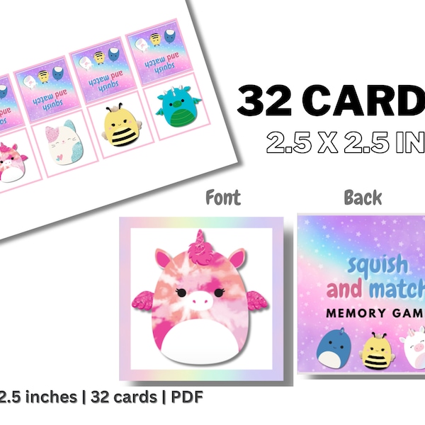 Squish and Match Squishmallows Memory Game Cards Birthday Party Ideas - Printable Instant Download